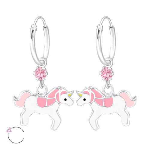 Kristály rózsaszín egyszarvús karika ezüst gyermek fülbevaló