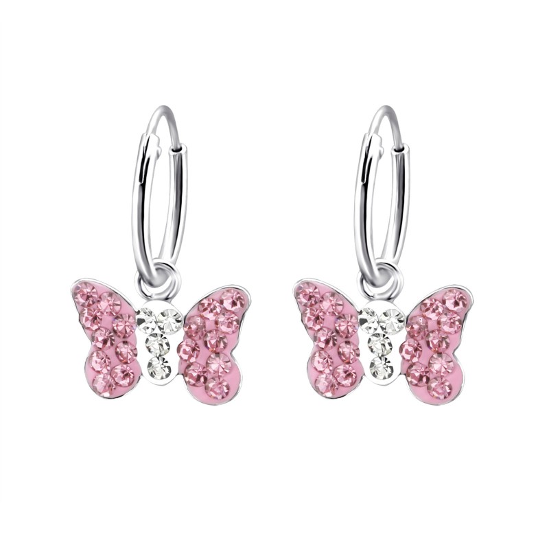 Rózsaszín kristály pillangós gyermek ezüst karika fülbevaló - A4S2914