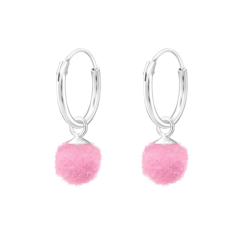 Pink pomponos gyermek ezüst karika fülbevaló