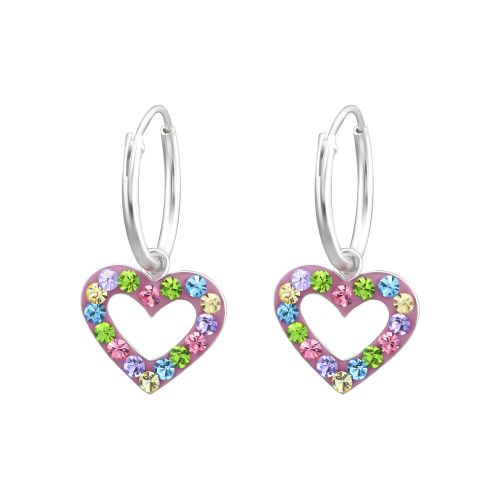 Színes szíves kristály karika fülbevaló, 925 ezüst