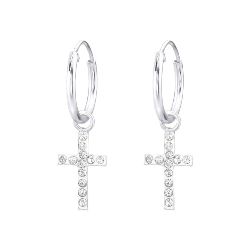 Kereszt kristály köves karika fülbevaló, 925 ezüst