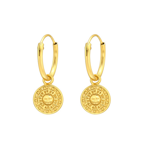 Kerek Nap 24k aranyozott karika fülbevaló, 925 ezüst