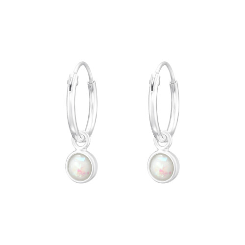 Kerek fehér opál színű karika fülbevaló, 925 ezüst