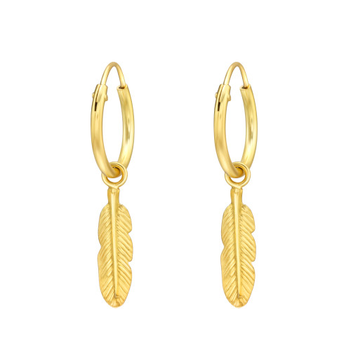 24k aranyozott madártoll karika fülbevaló, 925 ezüst