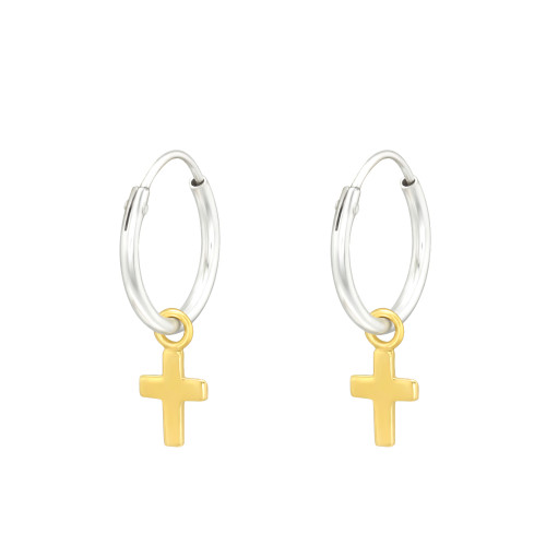 Kereszt 24k aranyozott kicsi karika fülbevaló, 925 ezüst
