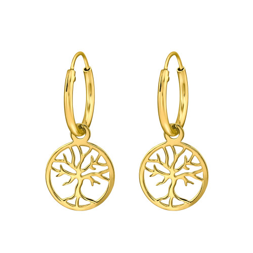 Életfa, 925 ezüst karika fülbevaló, aranyozott