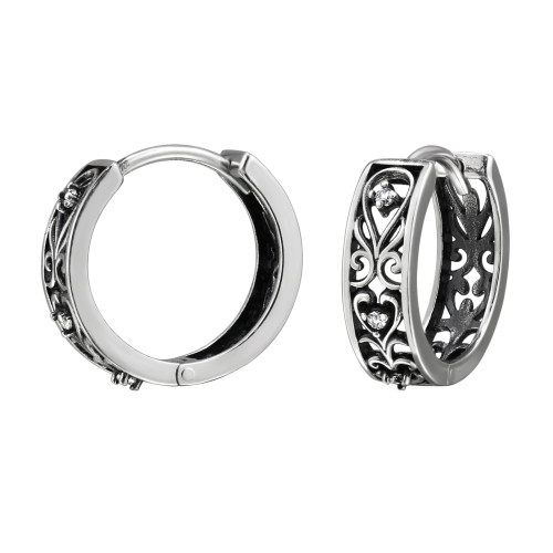 Elegáns Virág mintás Huggies karika fülbevaló, ezüst, cirkónia köves